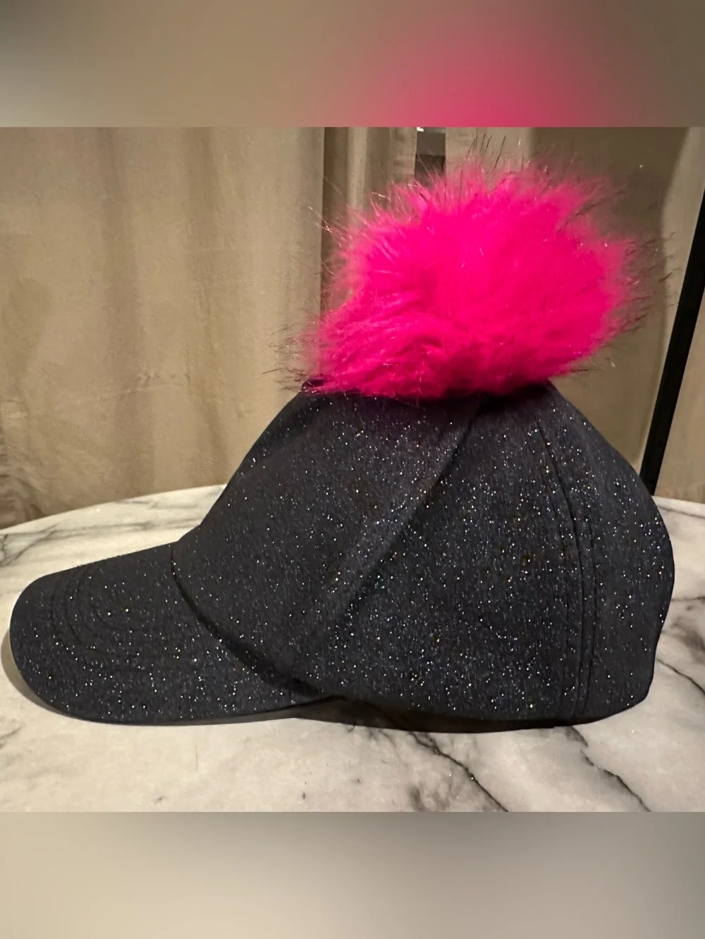 Primark Black Glitter Kids Cap with Bright Pink Pom